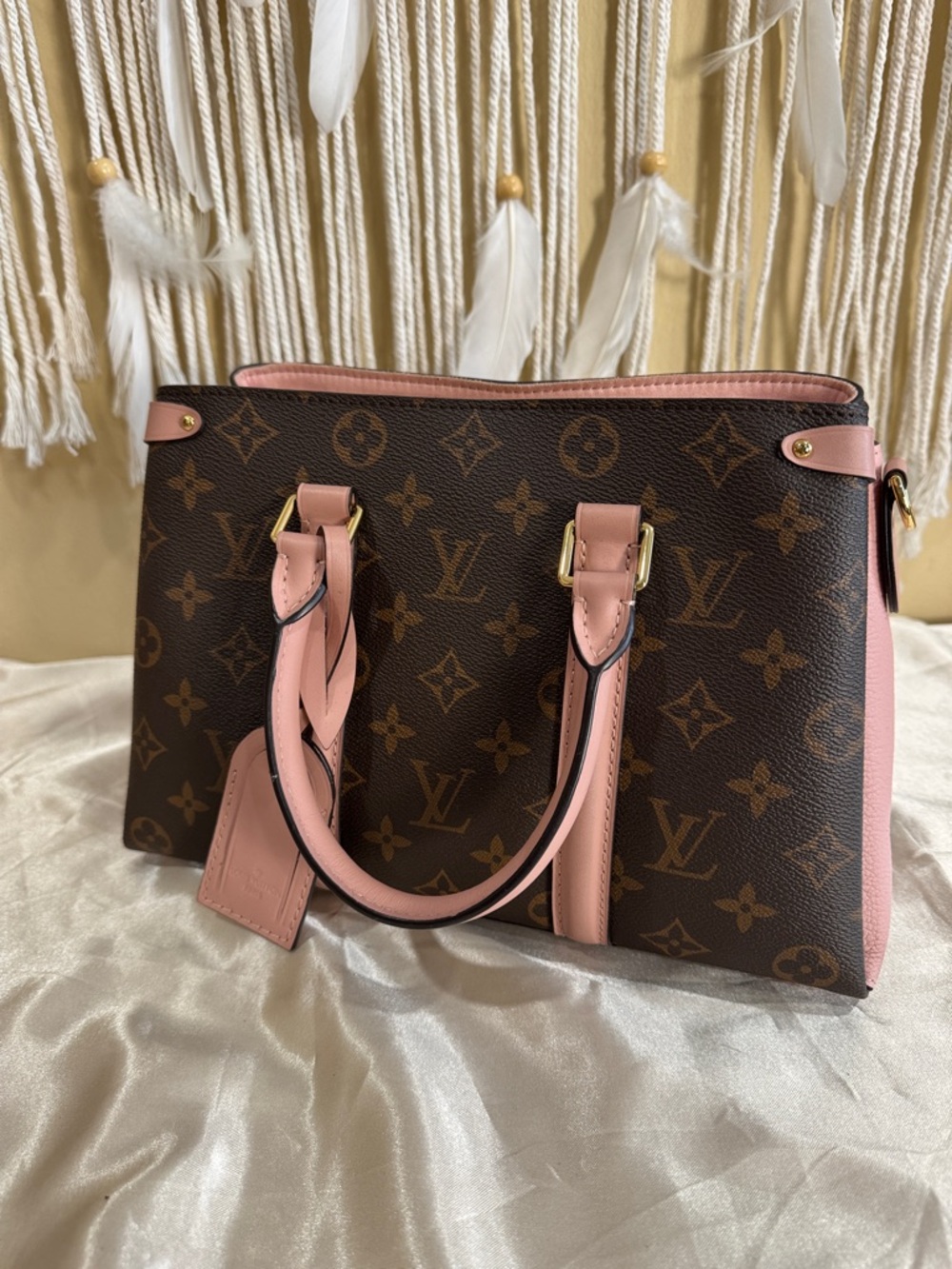 LV Brown Monogram Satchel with Pink Trim